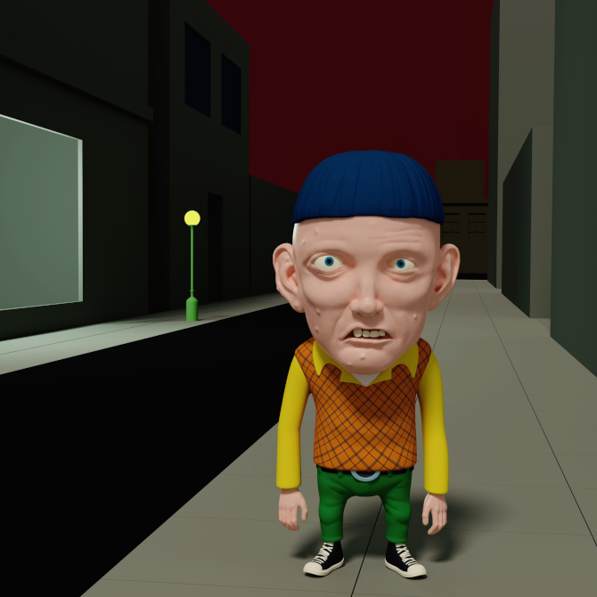 3d Rendering of 6 The Creeper standing on a sidewalk in a dark, empty cityscape.